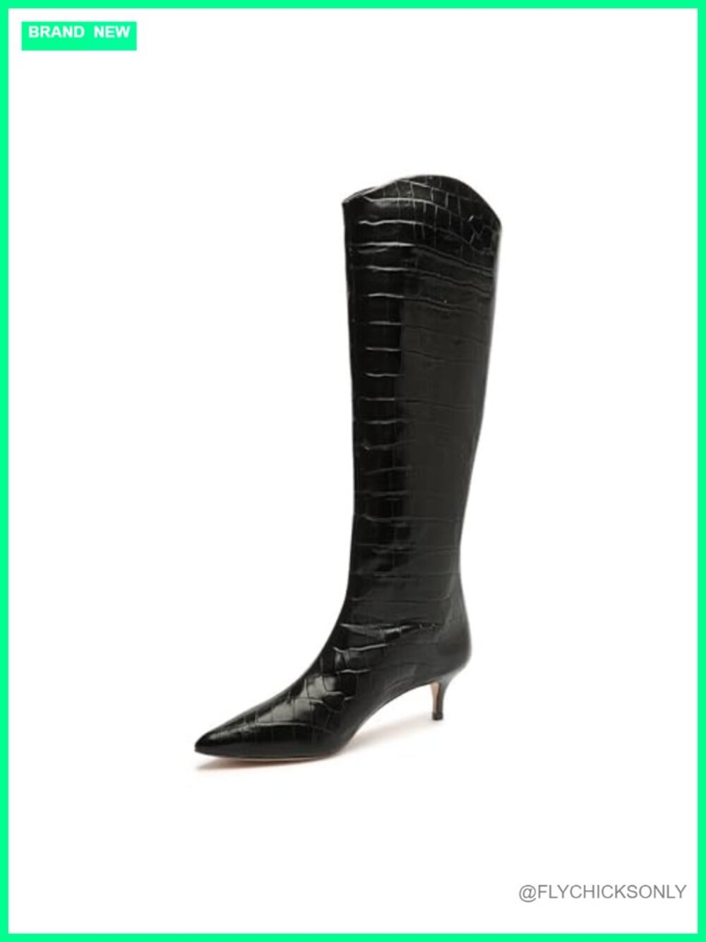 Knee-High Croc Embossed Western Boots with Pointed Toe and Kitten Heel